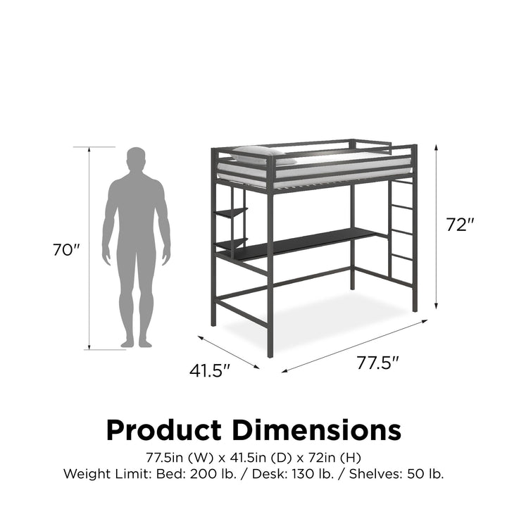 Maxwell Metal Twin Loft Bed with Desk & Shelves - Gray - Twin