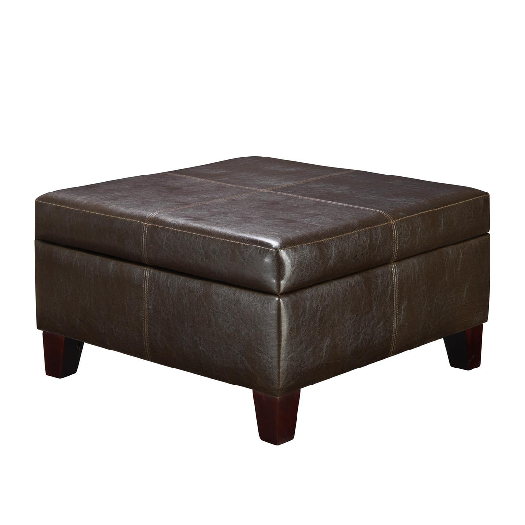 Square Faux Leather Storage Ottoman with Solid Wood Feet  -  Espresso
