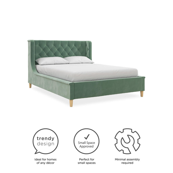 Upholstered Bed with Tufted Headboard for Bedroom -  Teal  -  Full