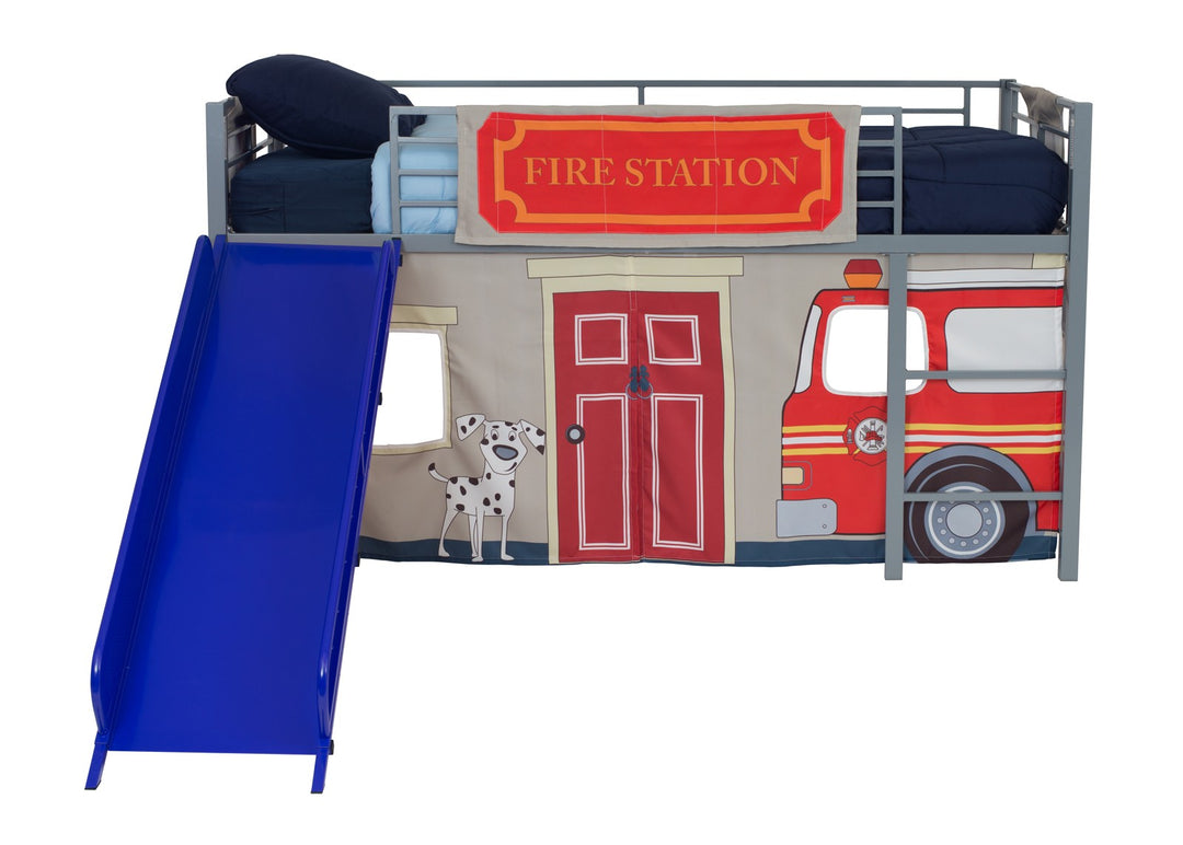 Boys loft bed with fire department curtain -  Blue