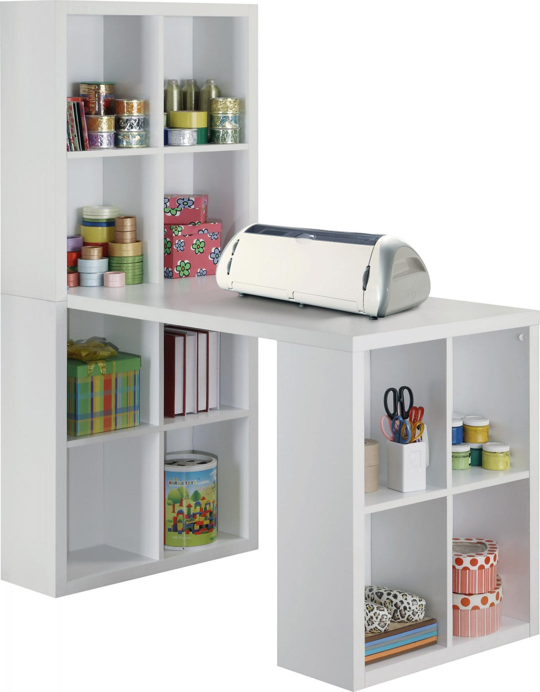 London Hobby Bookcase and Crafting Desk with Cubbies  -  White