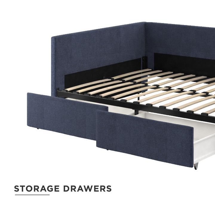 Upholstered Daybed with Wooden Slats and Storage Drawers - Blue Linen - Full