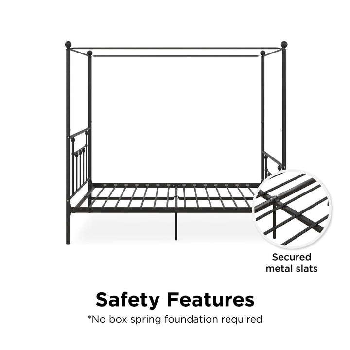 Metal Canopy Bed with Slats for Bedroom -  Black  -  Queen