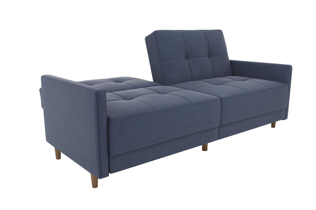 Upholstered Coil Futon with Wooden Legs -  Navy Linen