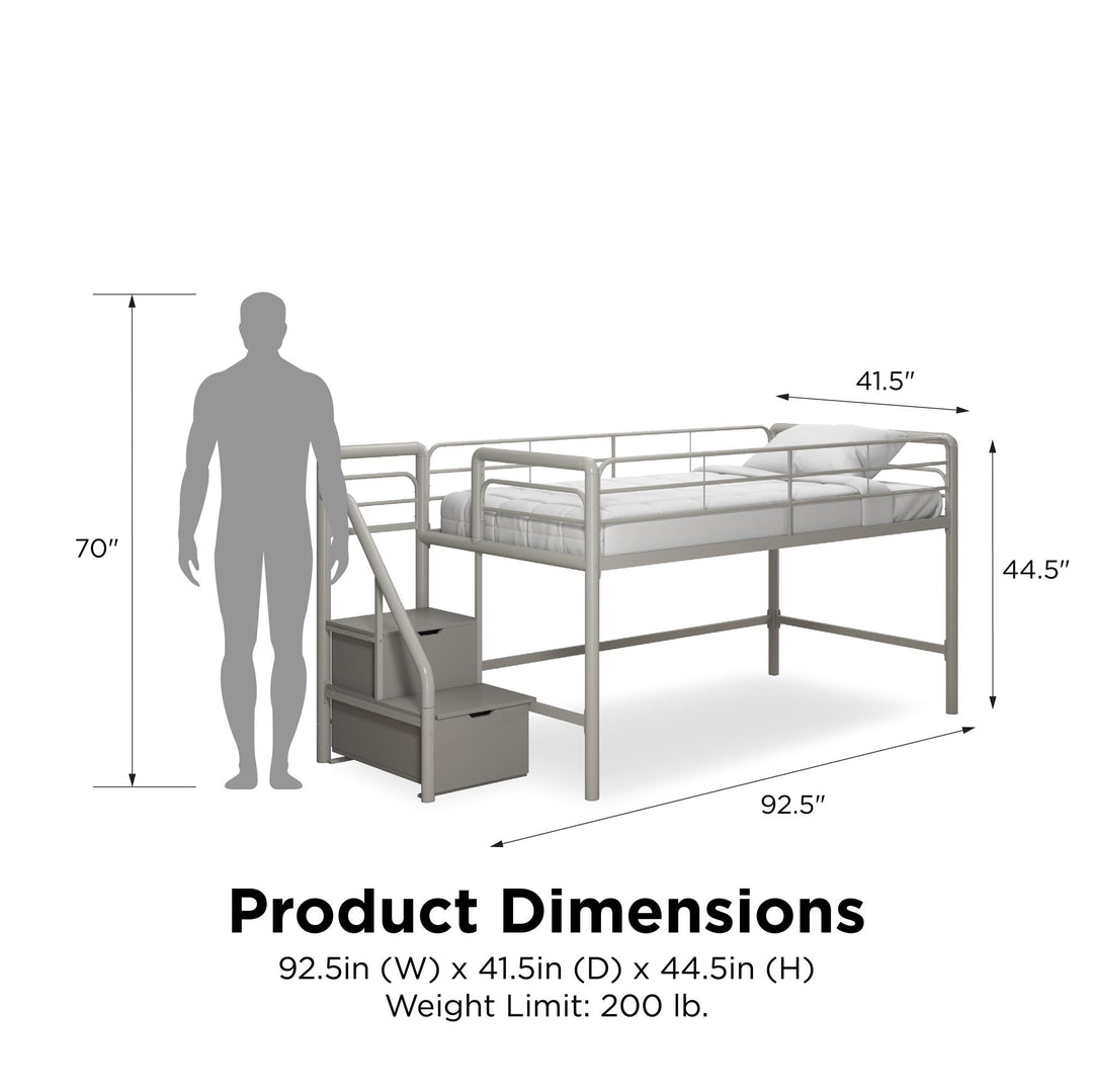Sol Junior Loft Bed with Storage Steps -  Silver / grey  -  Twin