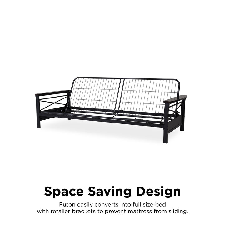 Nadine Metal Futon Frame with Espresso Wood Armrests - Black - Full