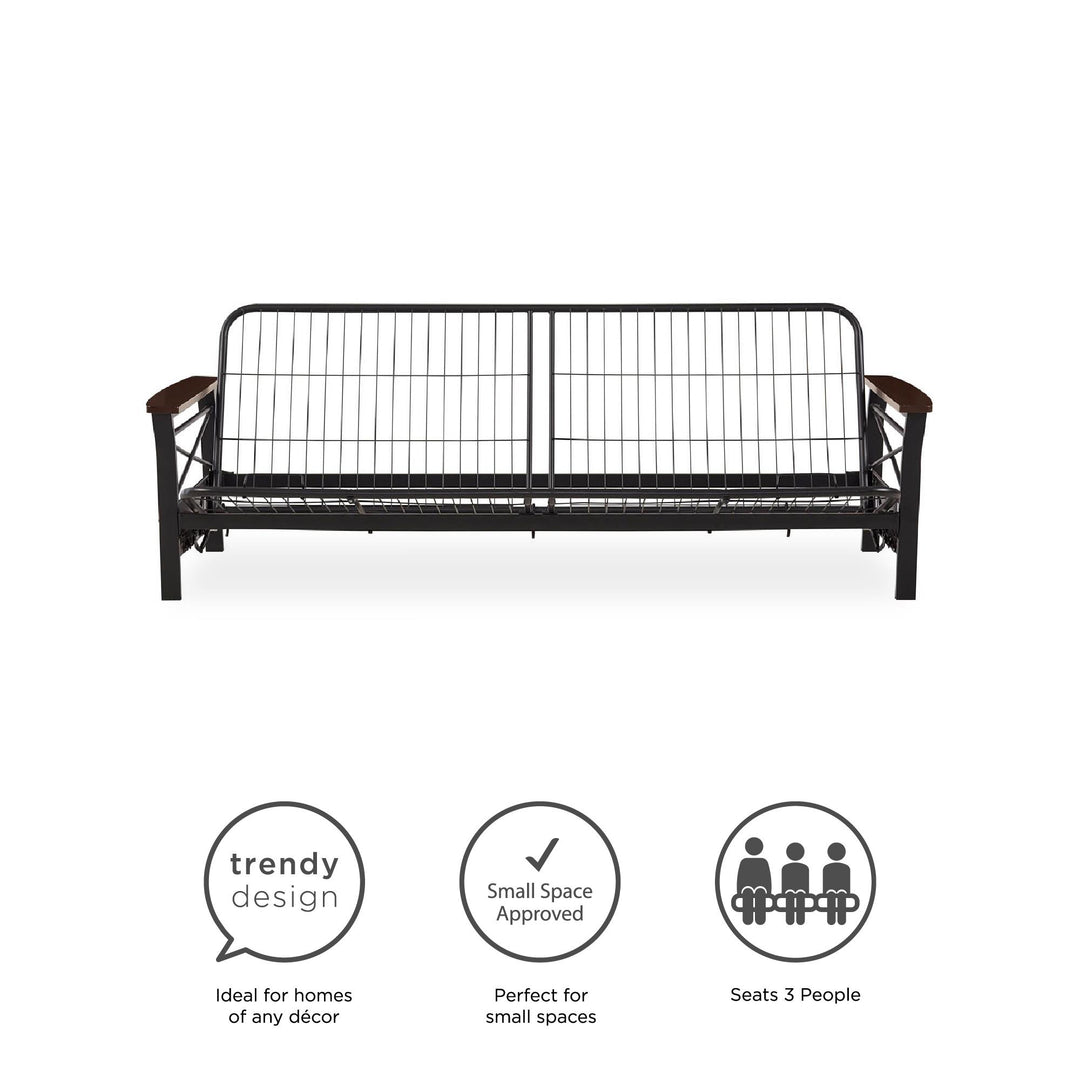 Nadine Metal Futon Frame with Espresso Wood Armrests - Black - Full