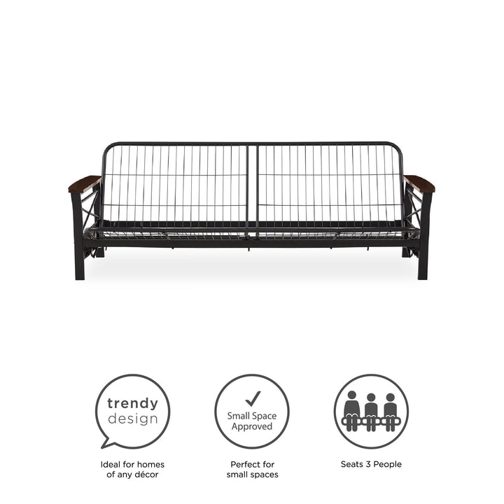 Nadine Metal Futon Frame with Espresso Wood Armrests - Black - Full