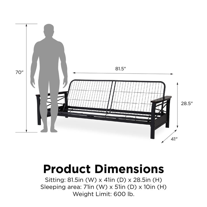 Nadine Metal Futon Frame with Espresso Wood Armrests - Black - Full