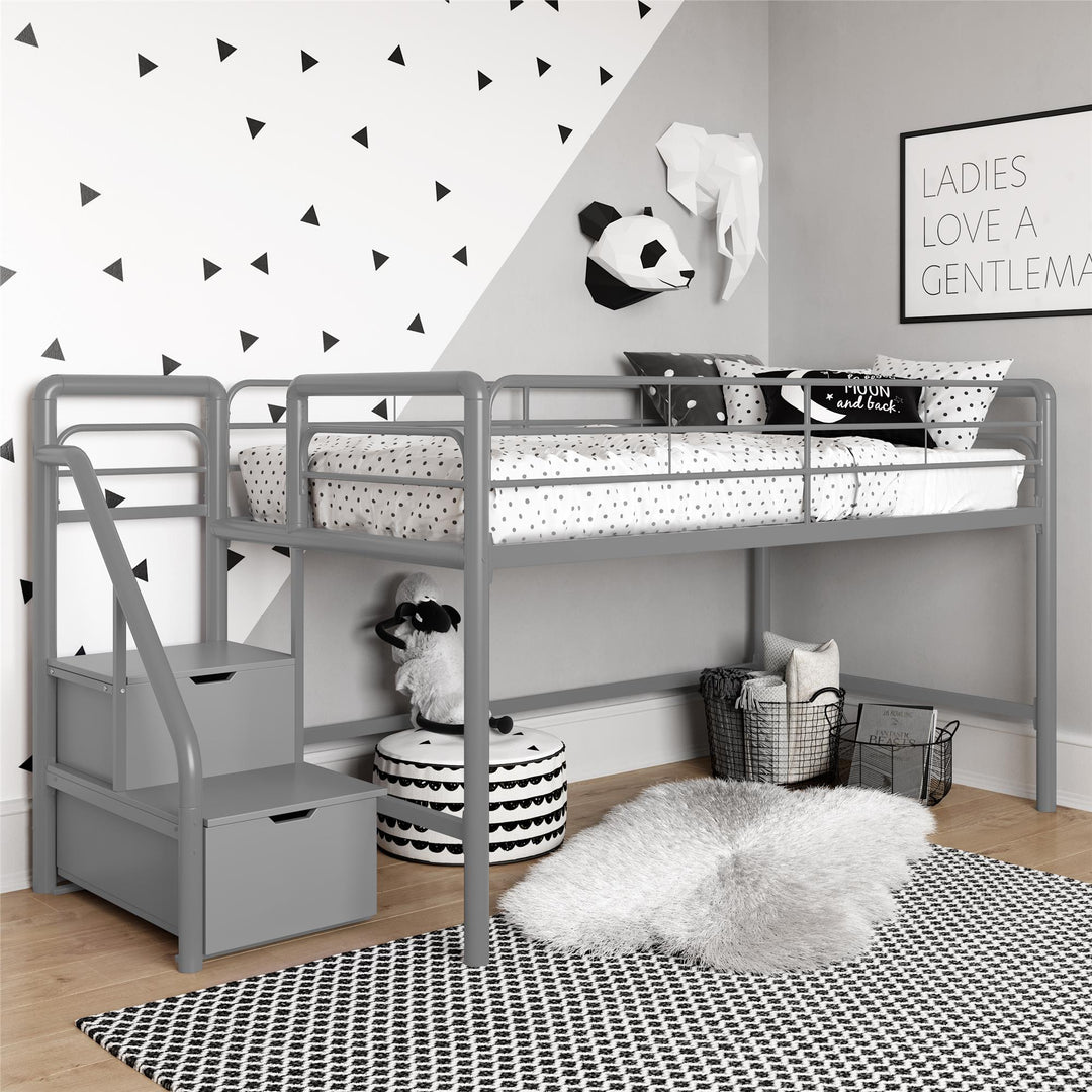 Twin Loft Bed with Storage Steps -  Silver / grey  -  Twin