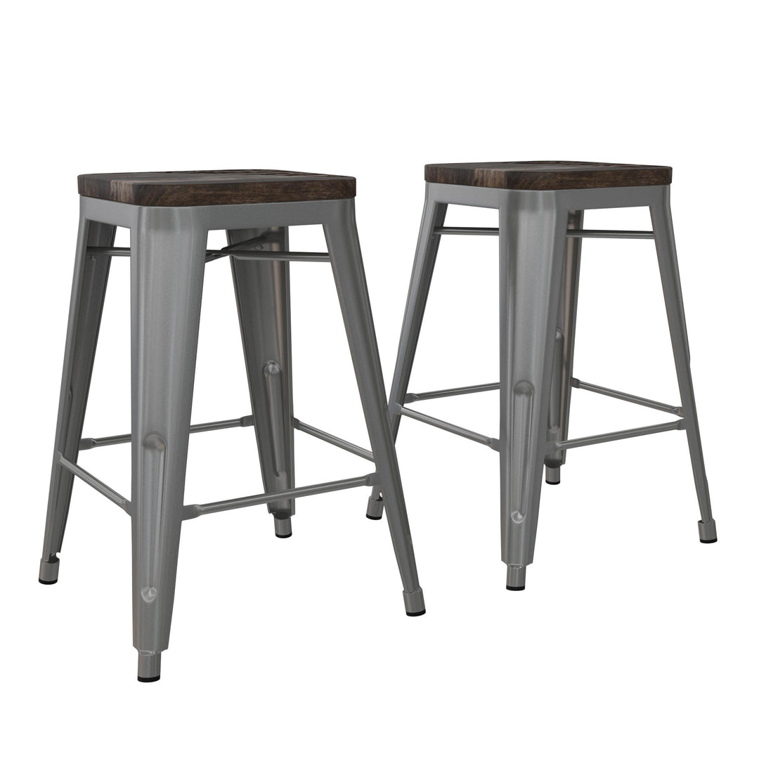 Fusion 24 Inch Stackable Metal and Wood Counter Height Bar Stools, Set of 2 - Silver - 24"