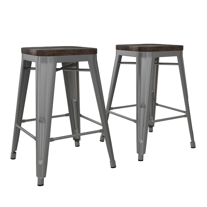 Fusion 24 Inch Stackable Metal and Wood Counter Height Bar Stools, Set of 2 - Silver - 24"