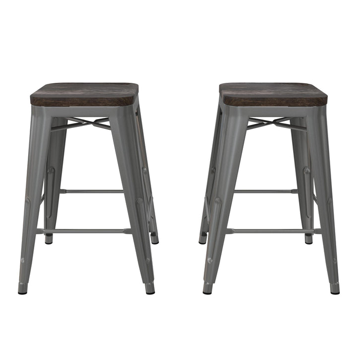 Fusion 24 Inch Stackable Metal and Wood Counter Height Bar Stools, Set of 2 - Silver - 24"