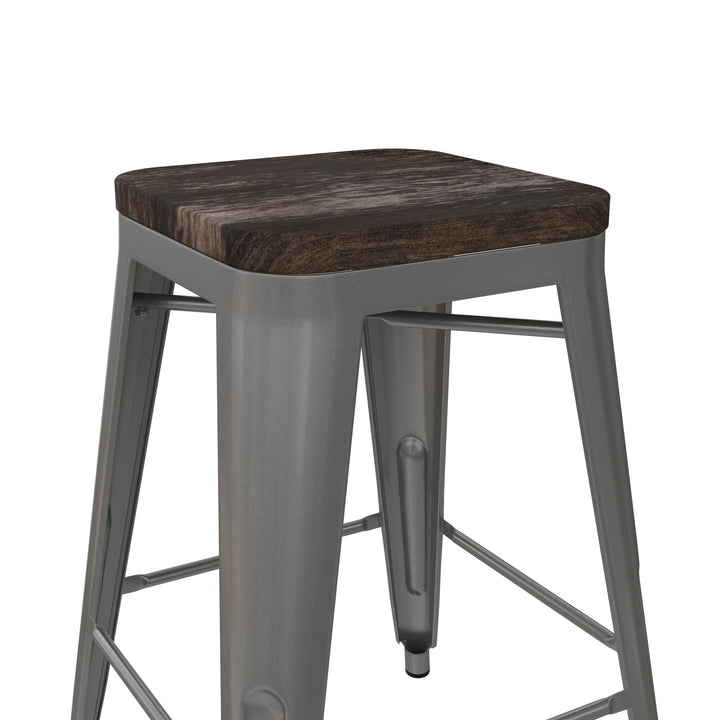 Fusion 24 Inch Stackable Metal and Wood Counter Height Bar Stools, Set of 2 - Silver - 24"
