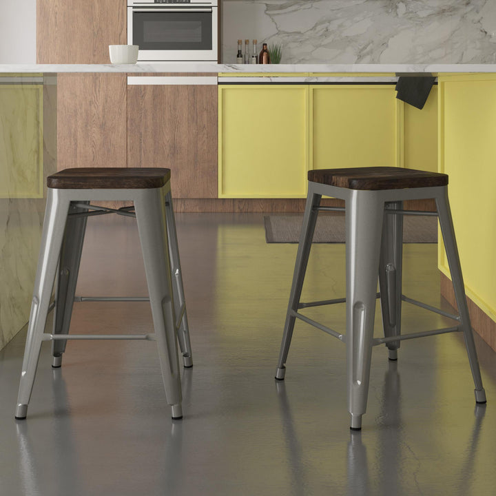 Fusion 24 Inch Stackable Metal and Wood Counter Height Bar Stools, Set of 2 - Silver - 24"