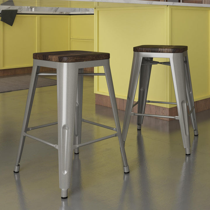 Fusion 24 Inch Stackable Metal and Wood Counter Height Bar Stools, Set of 2 - Silver - 24"