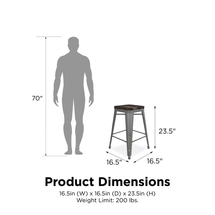Fusion 24 Inch Stackable Metal and Wood Counter Height Bar Stools, Set of 2 - Silver - 24"