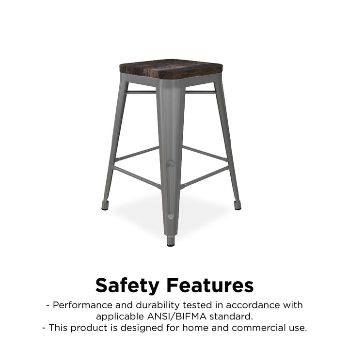 Fusion 24 Inch Stackable Metal and Wood Counter Height Bar Stools, Set of 2 - Silver - 24"