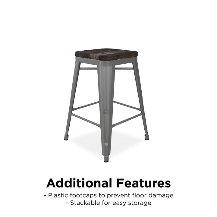 Fusion 24 Inch Stackable Metal and Wood Counter Height Bar Stools, Set of 2 - Silver - 24"